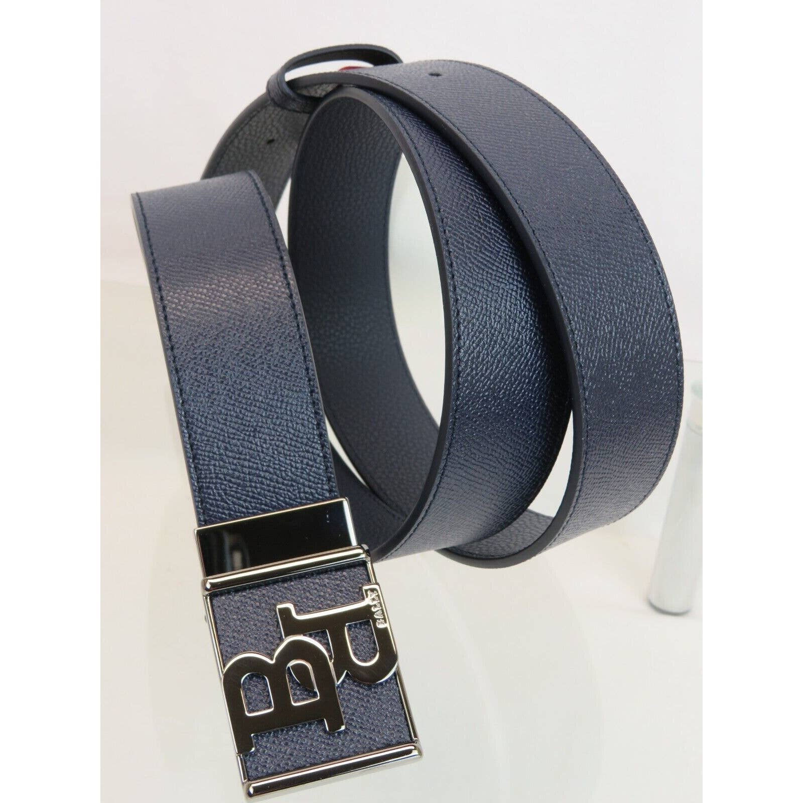 Bally B Logo Square Buckle Adjustable Navy Saffiano Leather Belt 110 44 Gift Box